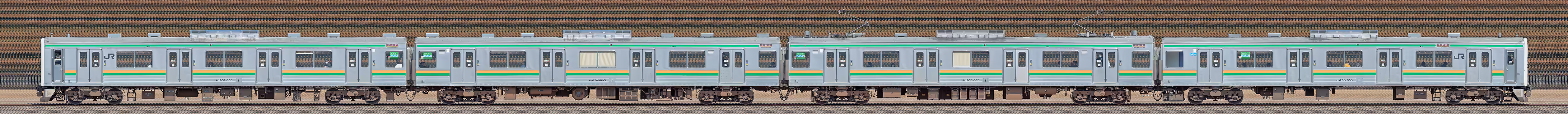 JR東日本 小山車両センター 205系600番台Y5編成(軌道変位モニタリング装置搭載編成・海側)の編成サイドビュー