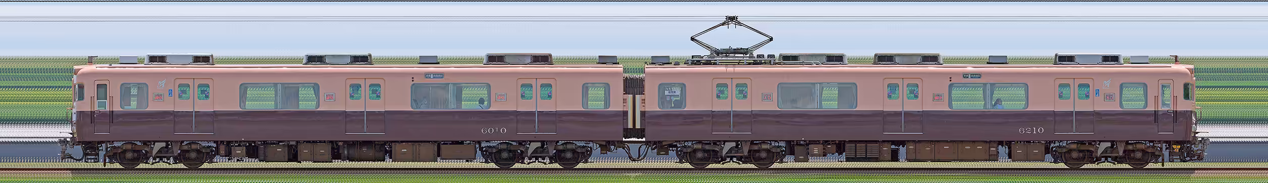 名鉄6000系（3次車）6010編成5500系復刻塗装車両（山側）の編成サイドビュー