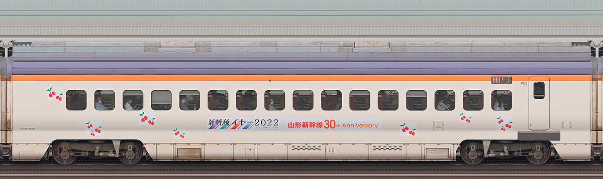 JR東日本E3系E328-2006（山形新幹線開業30周年ラッピング）山側の側面写真