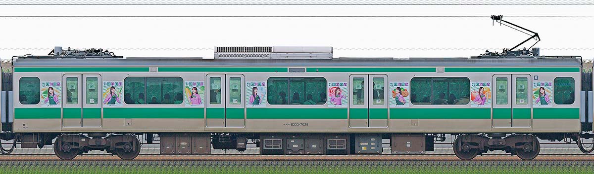 JR東日本E233系モハE233-7028「乃木坂46『国消国産』ラッピング電車」山側の側面写真
