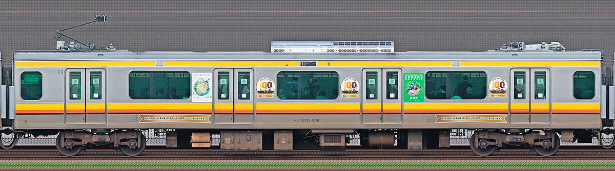 JR東日本E233系8000番台モハE233-8001川崎市市制100周年記念装飾海側の側面写真