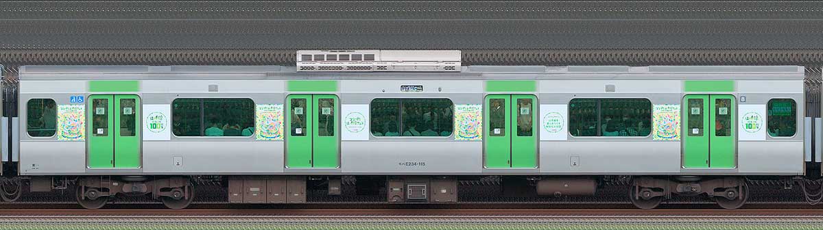 JR東日本E235系「山手線環状運転100周年記念ラッピングトレイン」モハE234-115山側（東京駅基準）の側面写真