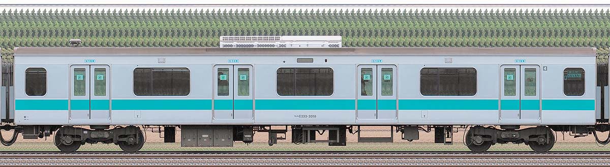 JR東日本E233系2000番台サハE233-2018（線路設備モニタリング装置対応車）山側の側面写真