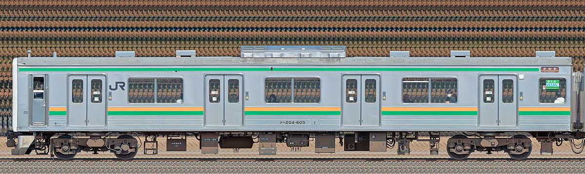 JR東日本205系600番台クハ204-605（軌道変位モニタリング装置搭載車）海側の側面写真