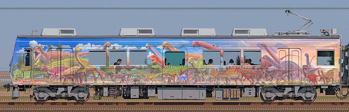 えちぜん鉄道MC8000形「恐竜列車」8001山側の側面写真