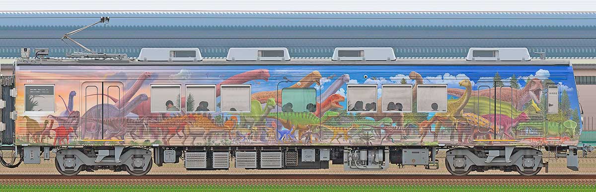 えちぜん鉄道MC8000形「恐竜列車」8001海側の側面写真