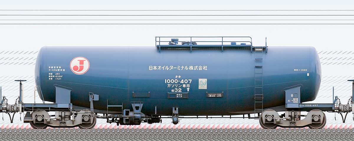 JR貨物タキ1000形タキ1000-407（日本オイルターミナル）1-3位の側面写真