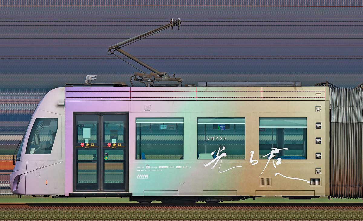 福井鉄道F1000形「FUKURAM」F1004-1「光る君へ」ラッピング山側の側面写真