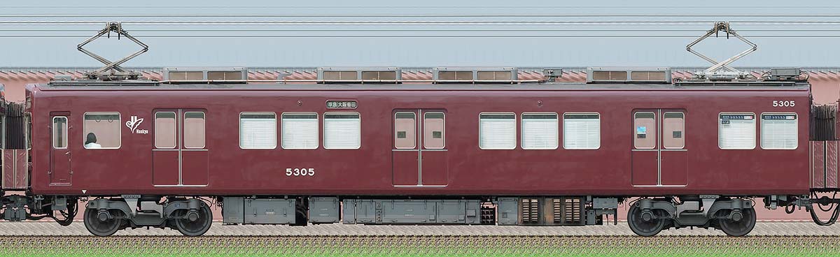 阪急5300系C#5305（台車交換後）東側の側面写真