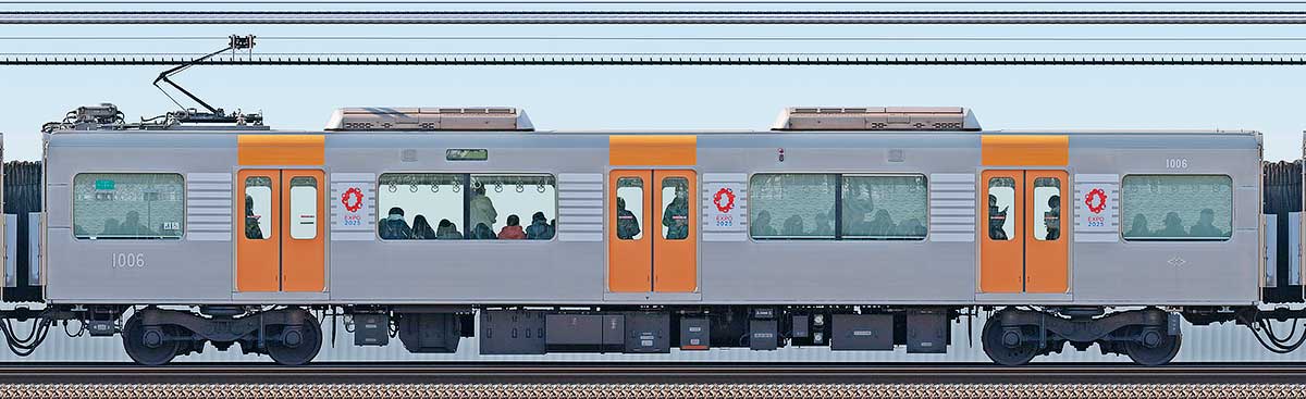 阪神1000系「大阪・関西万博ラッピング列車」1006浜側の側面写真