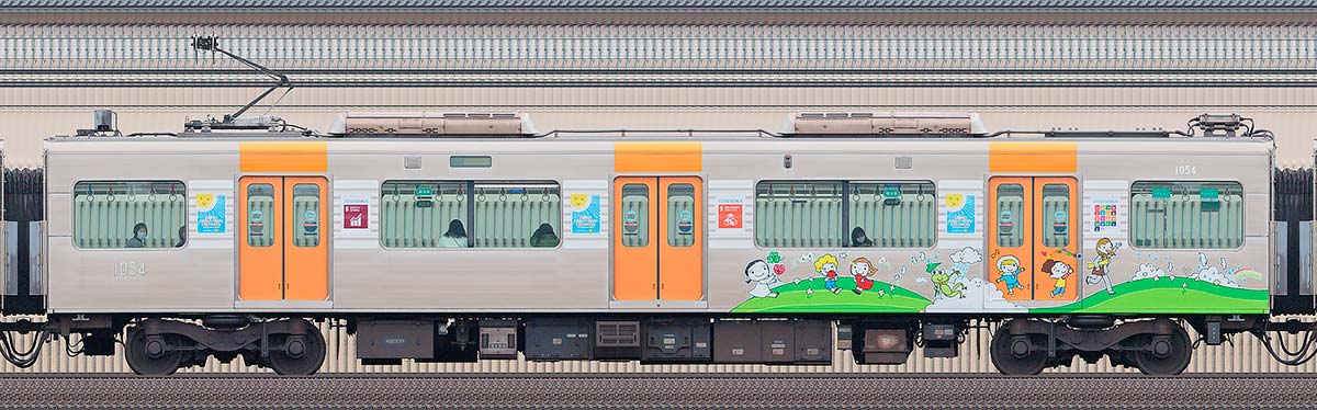 阪神1000系「SDGsトレイン 未来のゆめ・まち号」1054山側の側面写真