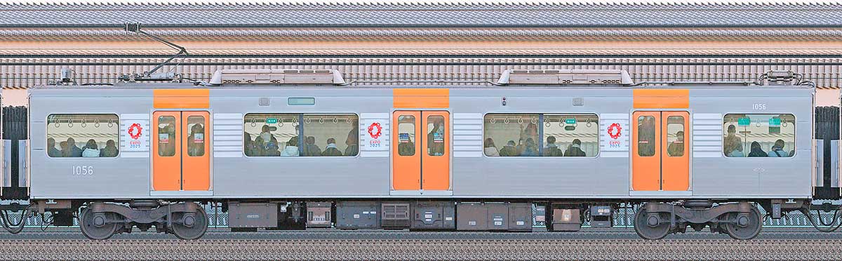 阪神1000系「大阪・関西万博ラッピング列車」1056山側の側面写真