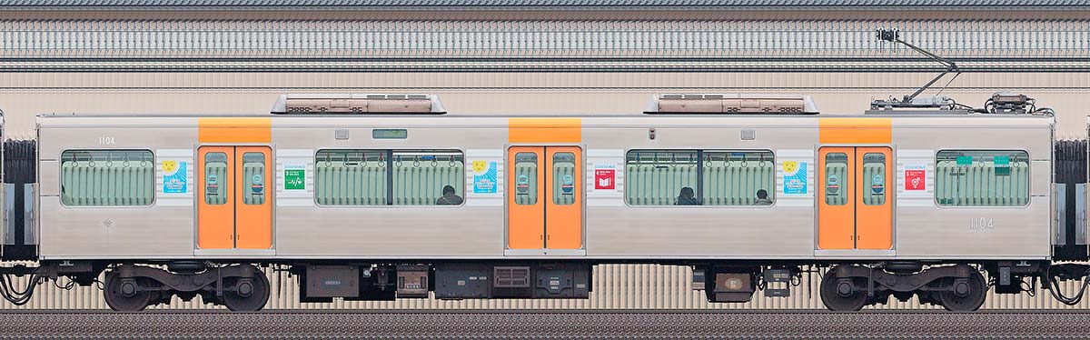阪神1000系「SDGsトレイン 未来のゆめ・まち号」1104山側の側面写真