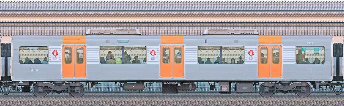 阪神1000系「大阪・関西万博ラッピング列車」1306山側の側面写真
