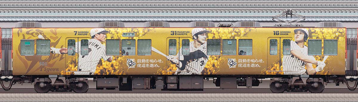 阪神8000系「阪神タイガース90周年記念 ラッピングトレイン」8011浜側の側面写真