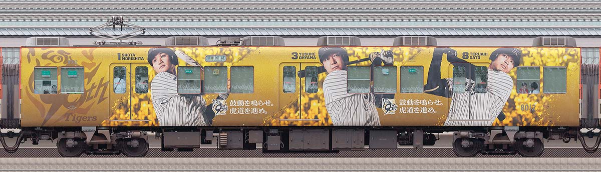 阪神8000系「阪神タイガース90周年記念 ラッピングトレイン」8012浜側の側面写真