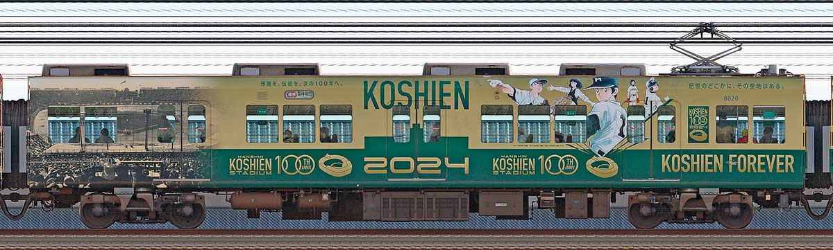 阪神8000系「阪神甲子園球場100周年記念 ラッピングトレイン」8020山側の側面写真