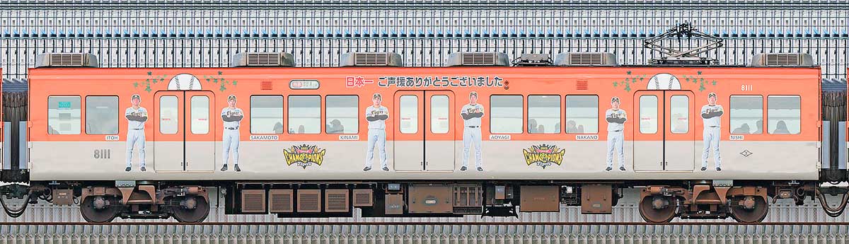 阪神8000系「阪神タイガース日本一記念ラッピングトレイン」8111浜側の側面写真