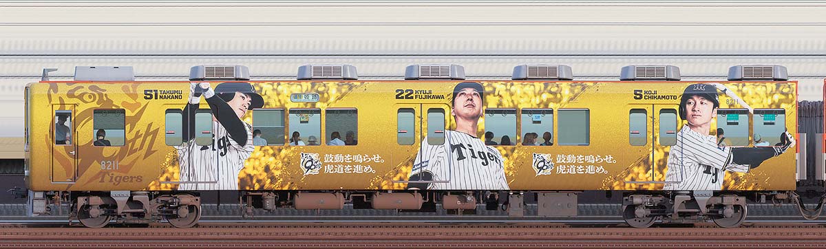 阪神8000系「阪神タイガース90周年記念 ラッピングトレイン」8211山側の側面写真
