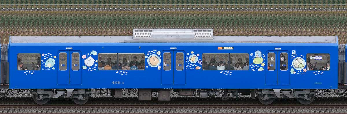 京急電鉄 600形サハ606-3「京急ブルースカイトレイン 空と海すいすい号」海側の側面写真