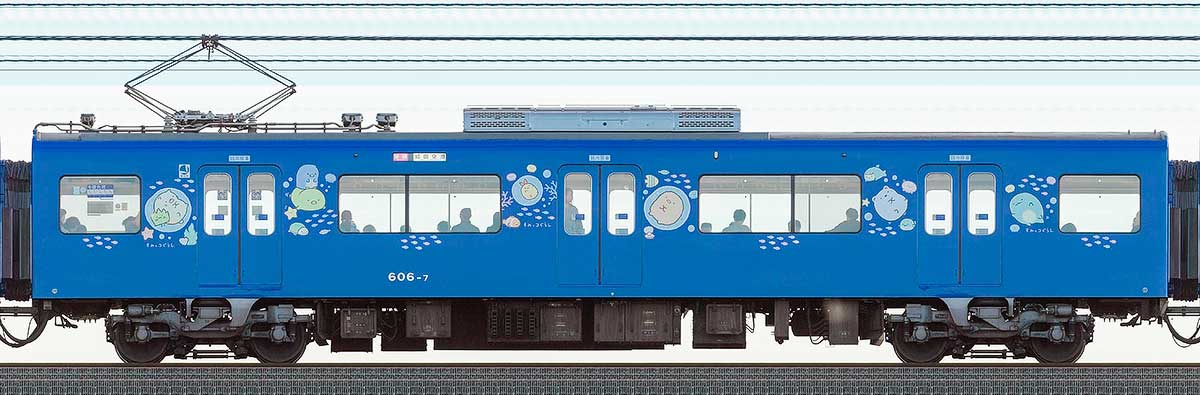 京急電鉄 600形デハ606-7「京急ブルースカイトレイン 空と海すいすい号」山側の側面写真