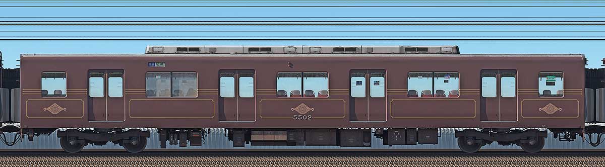 近鉄5800系「L/Cカー」サ5502（デボ1形塗装色）海側の側面写真