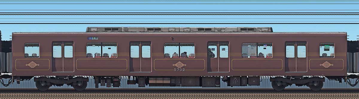 近鉄5800系「L/Cカー」サ5702（デボ1形塗装色）海側の側面写真
