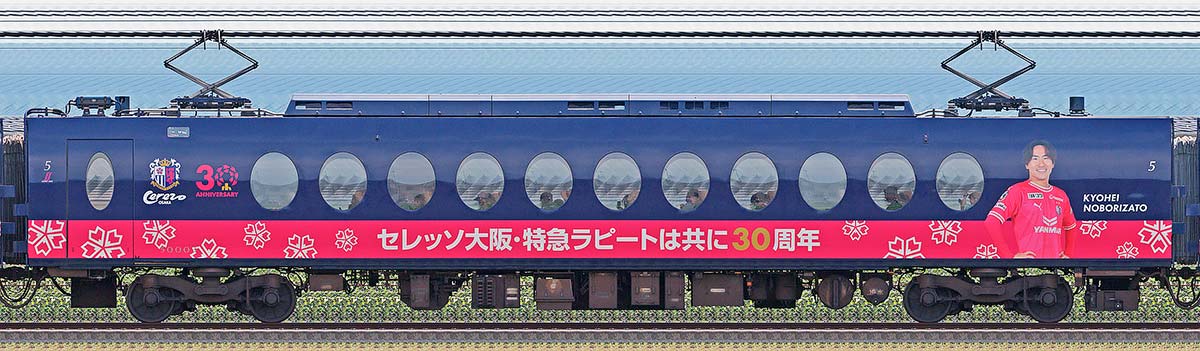 南海50000系「ラピート」モハ50003セレッソ大阪 × 特急ラピート30周年記念ラッピング海側の側面写真