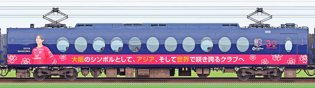 南海50000系「ラピート」モハ50003セレッソ大阪 × 特急ラピート30周年記念ラッピング山側の側面写真