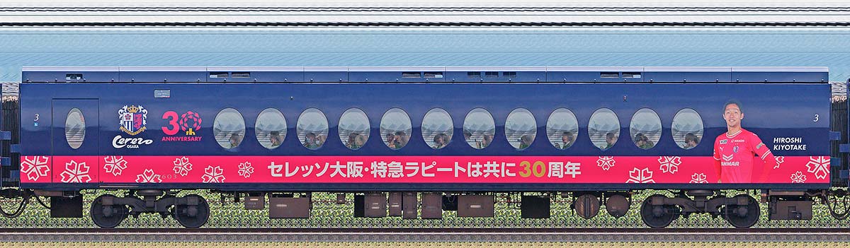 南海50000系「ラピート」サハ50603セレッソ大阪 × 特急ラピート30周年記念ラッピング海側の側面写真