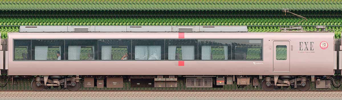 小田急30000形ロマンスカー「EXE」デハ30205（箱根そば60周年記念マーク）山側の側面写真