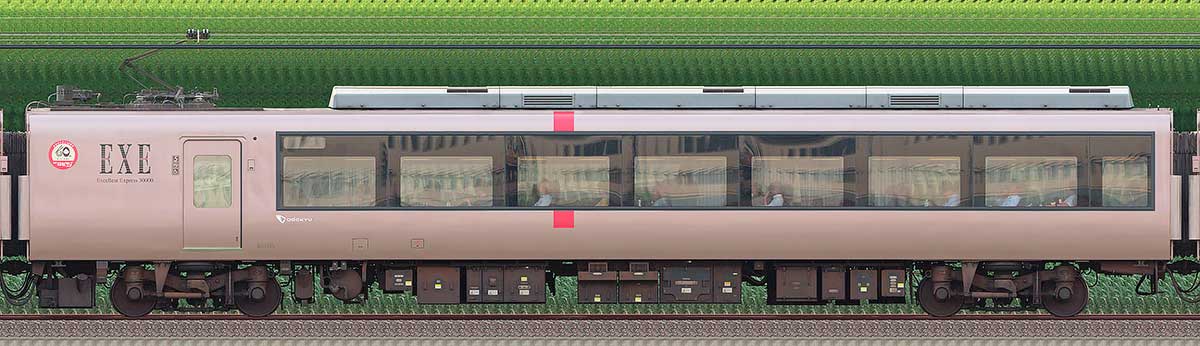 小田急30000形ロマンスカー「EXE」デハ30205（箱根そば60周年記念マーク）海側の側面写真