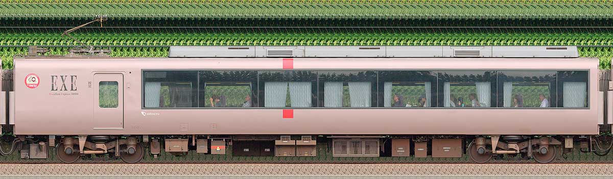 小田急30000形ロマンスカー「EXE」デハ30505(箱根そば60周年記念マーク)山側の側面写真