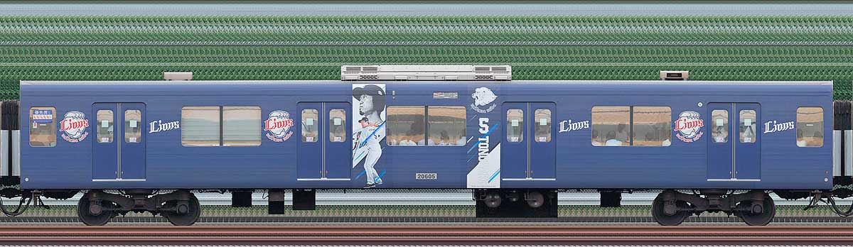 西武20000系サハ20605（三代目「L-train」2023年）2位・4位側の側面写真