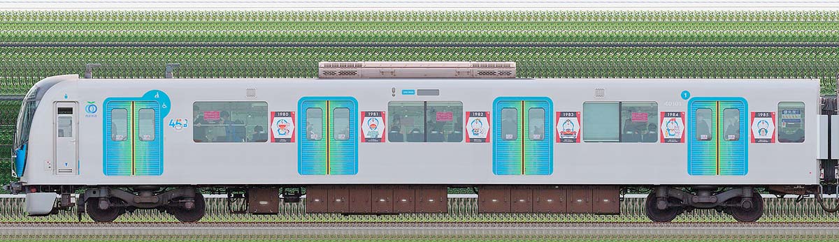 西武40000系「『映画ドラえもん』45周年記念イベント with 西武鉄道 ギャラリートレイン」クハ401012位・4位側の側面写真
