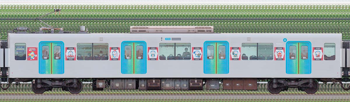 西武40000系「『映画ドラえもん』45周年記念イベント with 西武鉄道 ギャラリートレイン」モハ408012位・4位側の側面写真