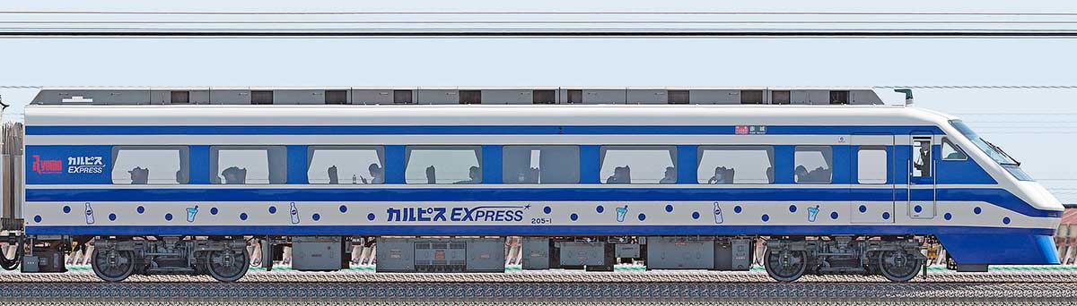 東武200型「りょうもう『カルピス』EXPRESS」モハ205-1山側の側面写真
