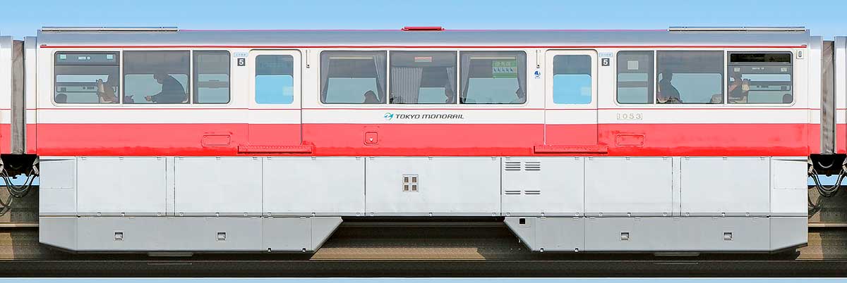 東京モノレール1000形「500形復刻塗装」1053山側の側面写真