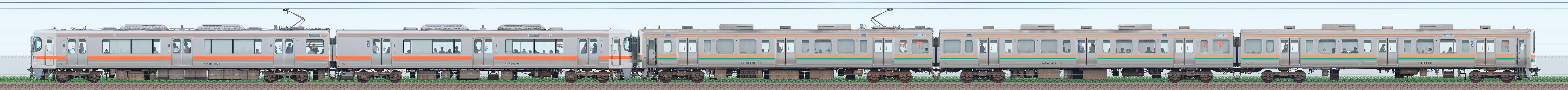 JR東海静岡車両区313系2300番台W7編成＋211系5000番台SS5編成（山側）の編成サイドビュー