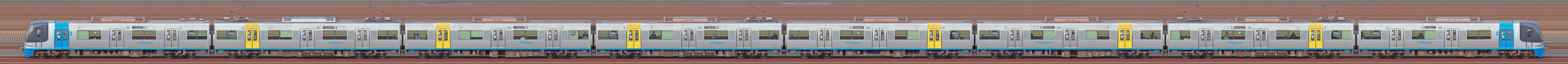 千葉ニュータウン鉄道9100形「C-Flyer」9108編成(IRアンテナ撤去後・海側)の編成サイドビュー