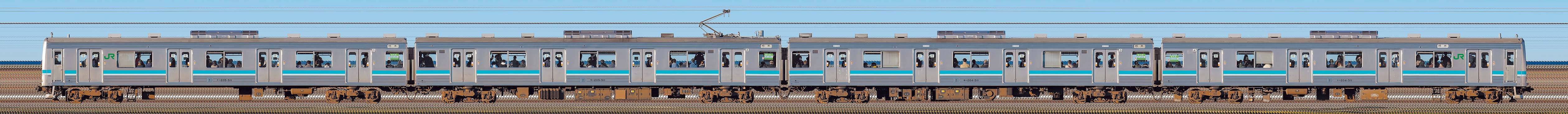 JR東日本 相模線 205系500番台R11編成（軌道変位モニタリング装置搭載編成・東側）の編成サイドビュー
