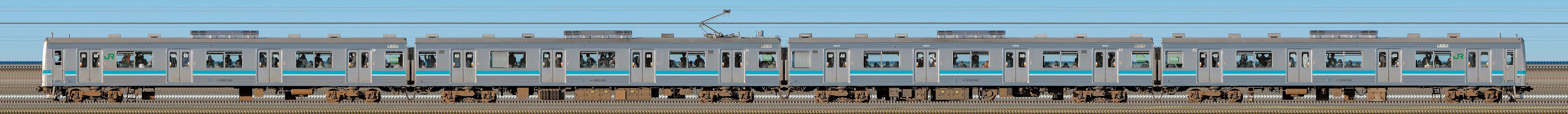 JR東日本 相模線 205系500番台R12編成（軌道材料モニタリング装置搭載編成・東側）の編成サイドビュー