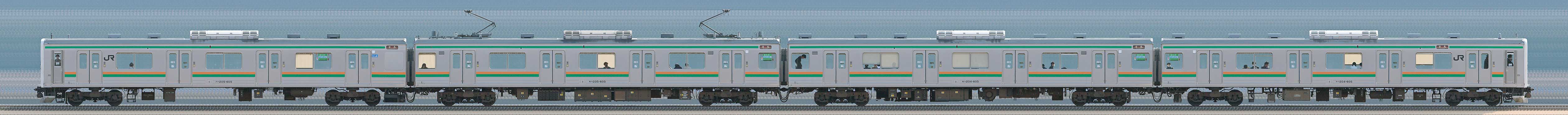 JR東日本 小山車両センター 205系600番台Y5編成（軌道変位モニタリング装置搭載編成・山側）の編成サイドビュー