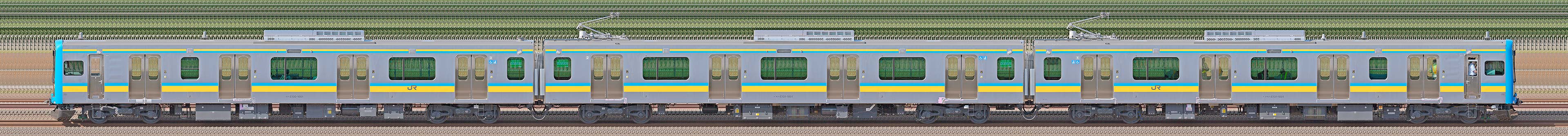 JR東日本 鶴見線 E131系1000番台T1編成（海側）の編成サイドビュー