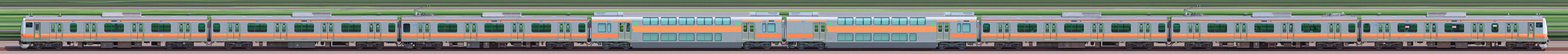 JR東日本 中央快速線 E233系H57編成（グリーン車連結・8両編成試運転・海側）の編成サイドビュー