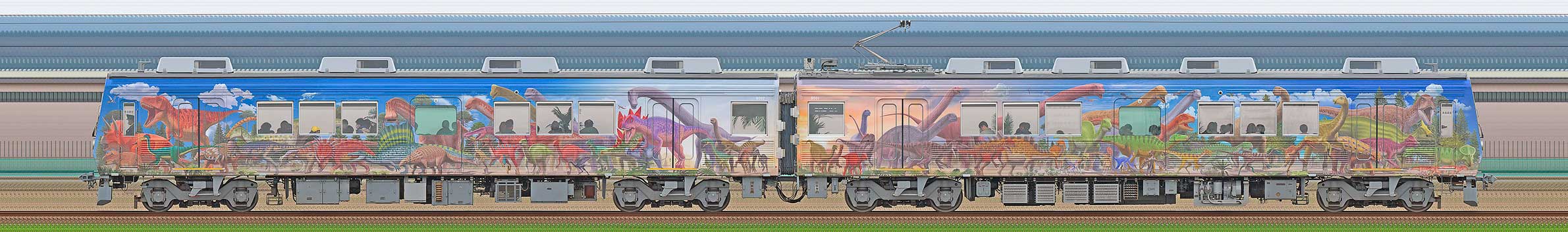 えちぜん鉄道MC8000形「恐竜列車」（海側）の編成サイドビュー