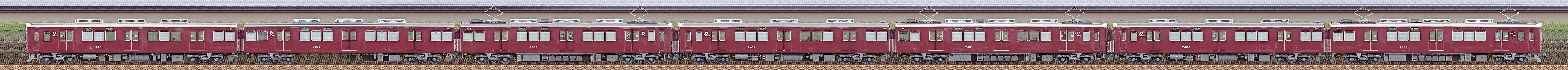 阪急7300系7302編成＋7301編成＋7300編成（西側）の編成サイドビュー