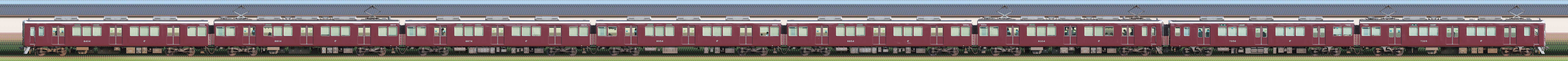 阪急8300系8304編成＋7300系7326編成（西側）の編成サイドビュー