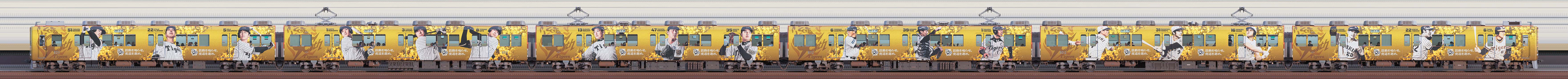 阪神8000系8211編成「阪神タイガース90周年記念 ラッピングトレイン」(山側)の編成サイドビュー