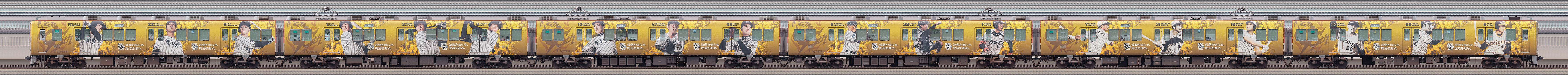 阪神8000系8211編成「阪神タイガース90周年記念 ラッピングトレイン」(浜側)の編成サイドビュー